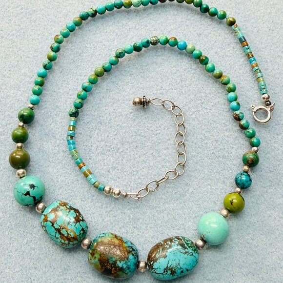 Artisan Jewelry - Vintage Turquoise & Sterling Beaded Necklace Southwestern 22.5 inch Adjustable